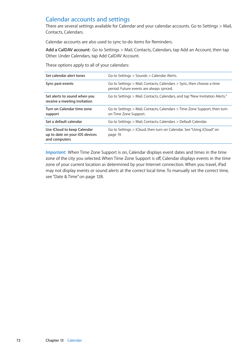 Calendar accounts and settings, 72 calendar accounts and settings | Apple iPad iOS 5.1 User Manual | Page 72 / 144