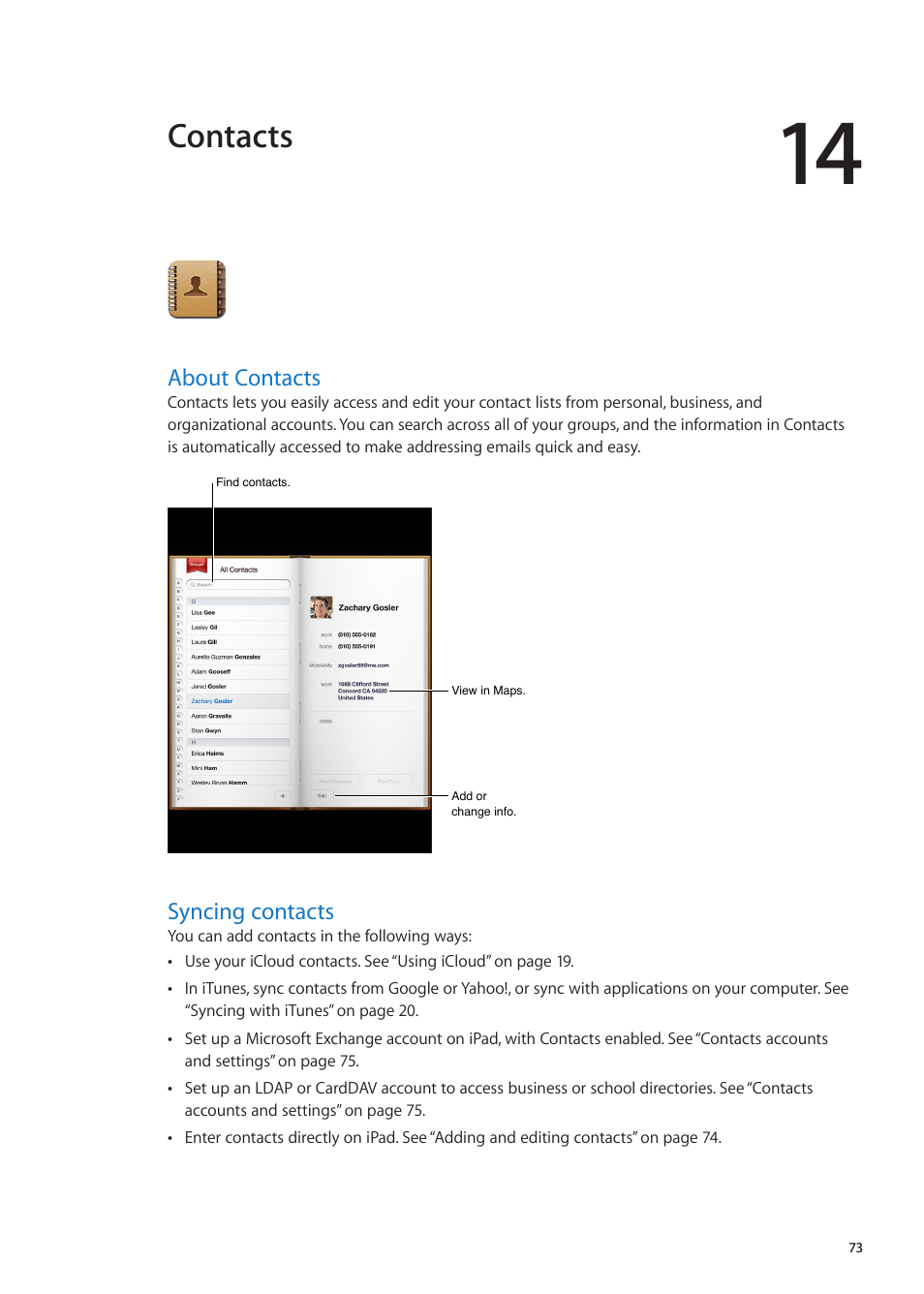 Chapter 14: contacts, About contacts, Syncing contacts | 73 about contacts 73 syncing contacts, Contacts | Apple iPad iOS 5.1 User Manual | Page 73 / 144