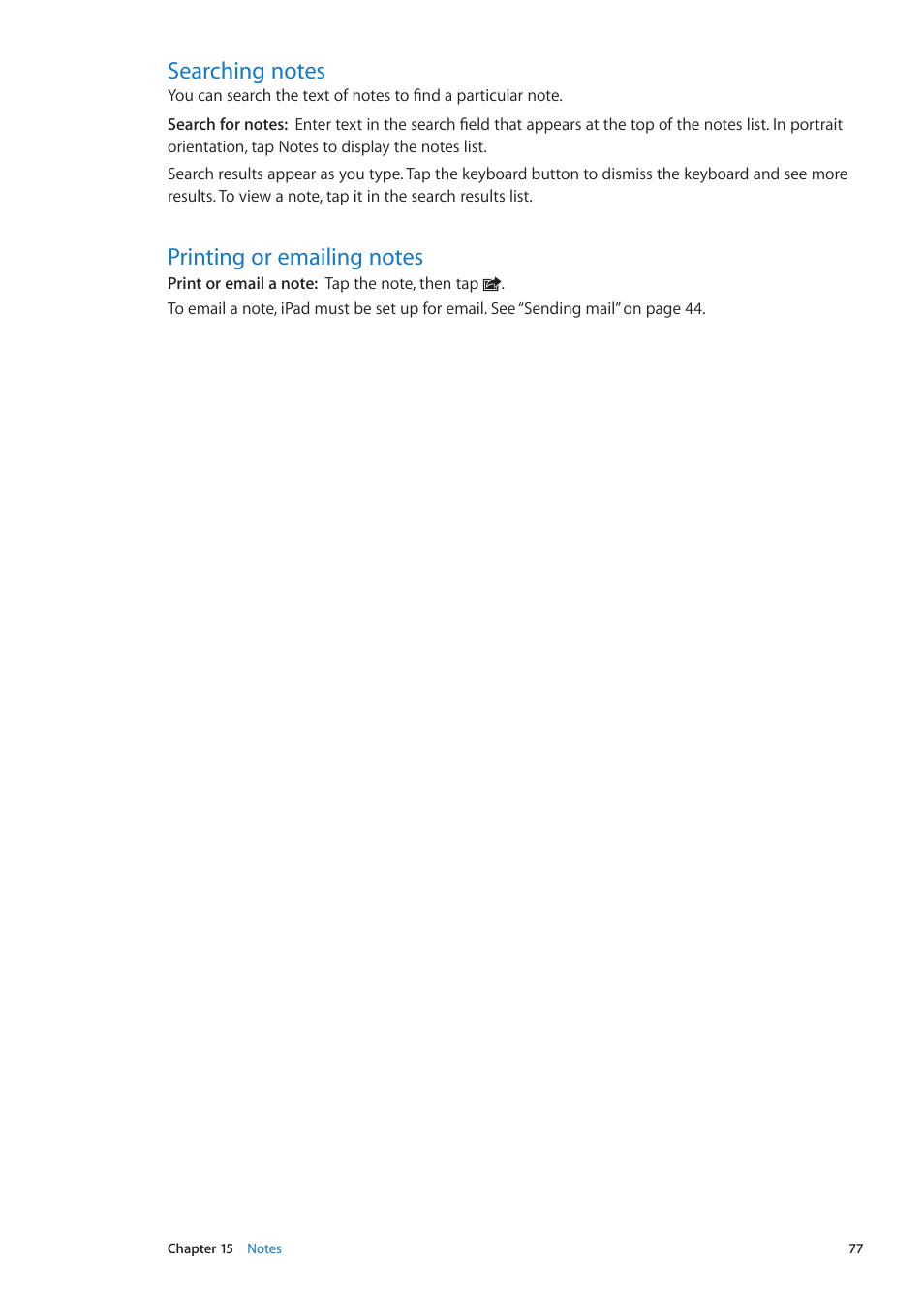 Searching notes, Printing or emailing notes, 77 searching notes 77 printing or emailing notes | Apple iPad iOS 5.1 User Manual | Page 77 / 144