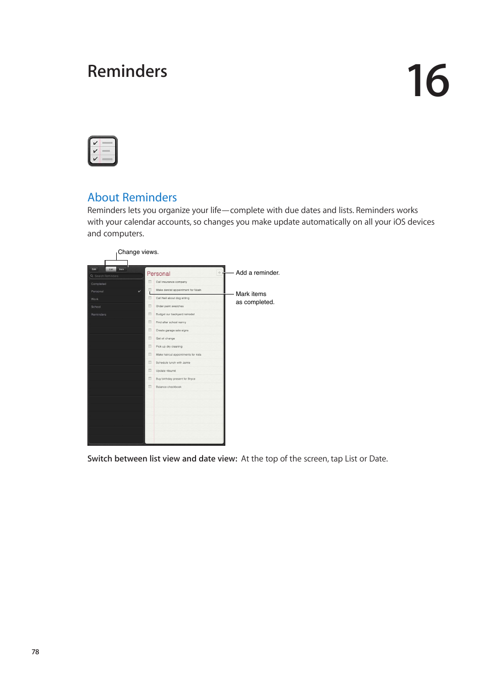 Chapter 16: reminders, About reminders, 78 about reminders | Reminders | Apple iPad iOS 5.1 User Manual | Page 78 / 144