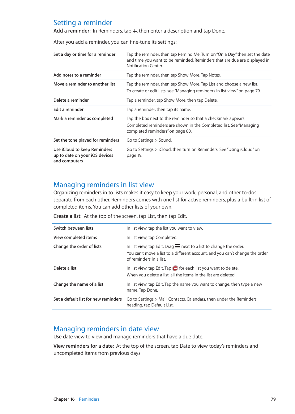 Setting a reminder, Managing reminders in list view, Managing reminders in date view | Apple iPad iOS 5.1 User Manual | Page 79 / 144