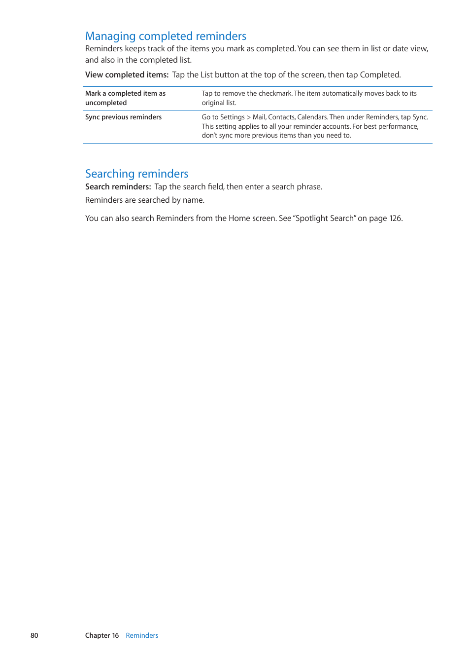 Managing completed reminders, Searching reminders | Apple iPad iOS 5.1 User Manual | Page 80 / 144