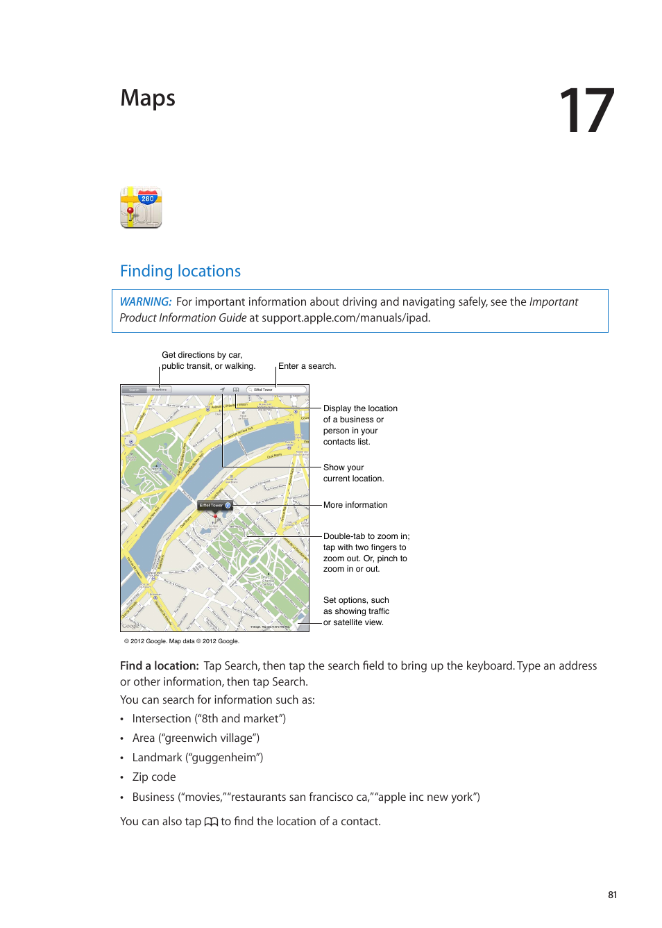 Chapter 17: maps, Finding locations, 81 finding locations | Maps | Apple iPad iOS 5.1 User Manual | Page 81 / 144