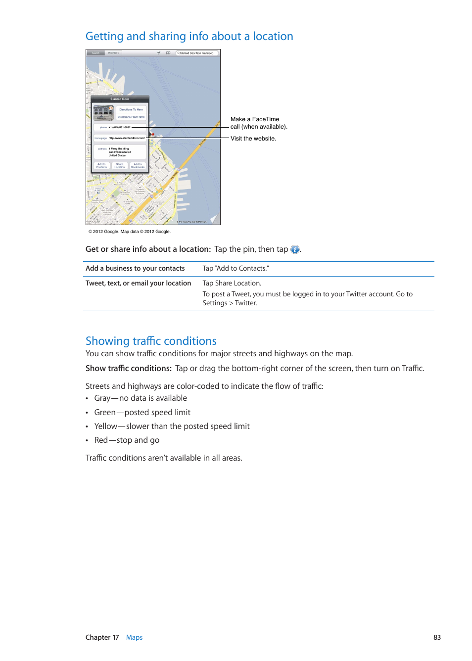 Getting and sharing info about a location, Showing traffic conditions | Apple iPad iOS 5.1 User Manual | Page 83 / 144