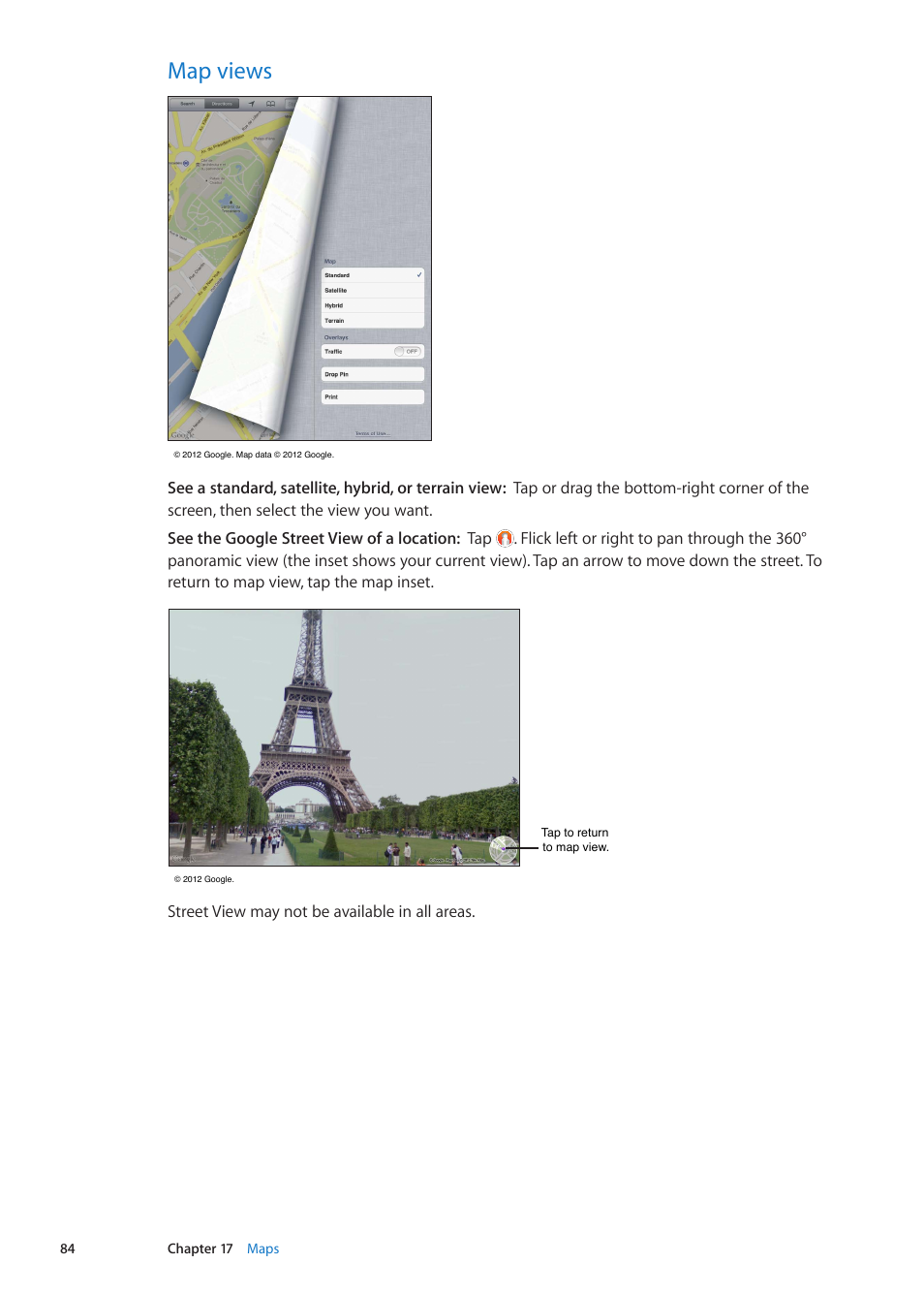 Map views, 84 map views, Street view may not be available in all areas | Apple iPad iOS 5.1 User Manual | Page 84 / 144