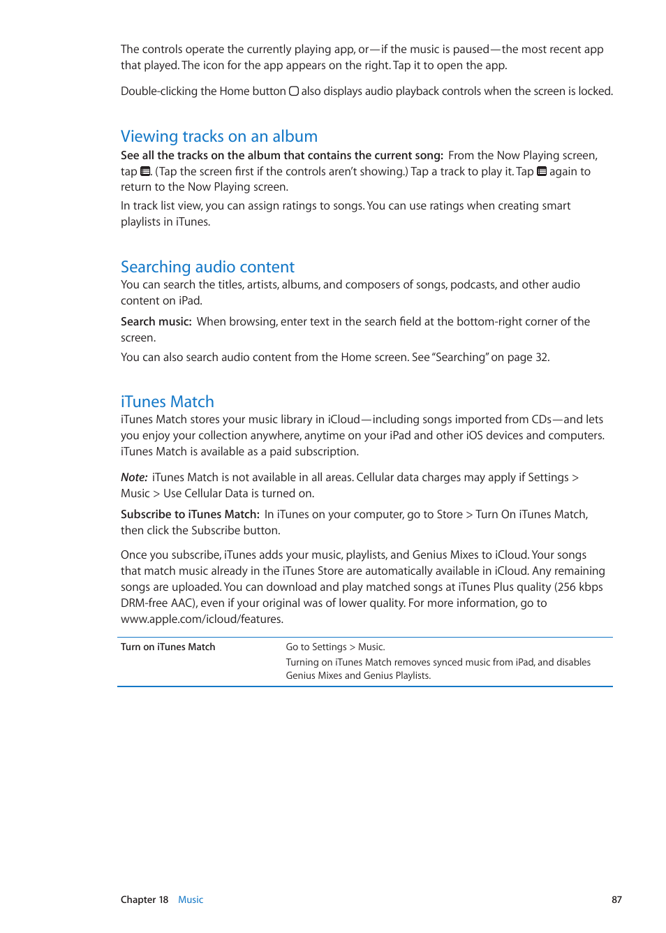 Viewing tracks on an album, Searching audio content, Itunes match | Apple iPad iOS 5.1 User Manual | Page 87 / 144