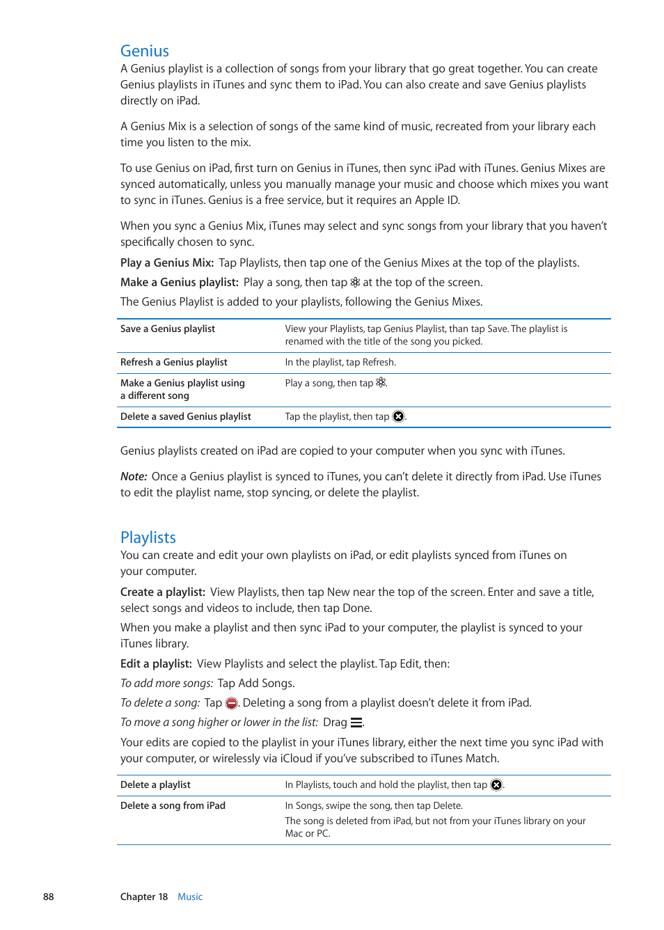 Genius, Playlists, 88 genius 88 playlists | Apple iPad iOS 5.1 User Manual | Page 88 / 144