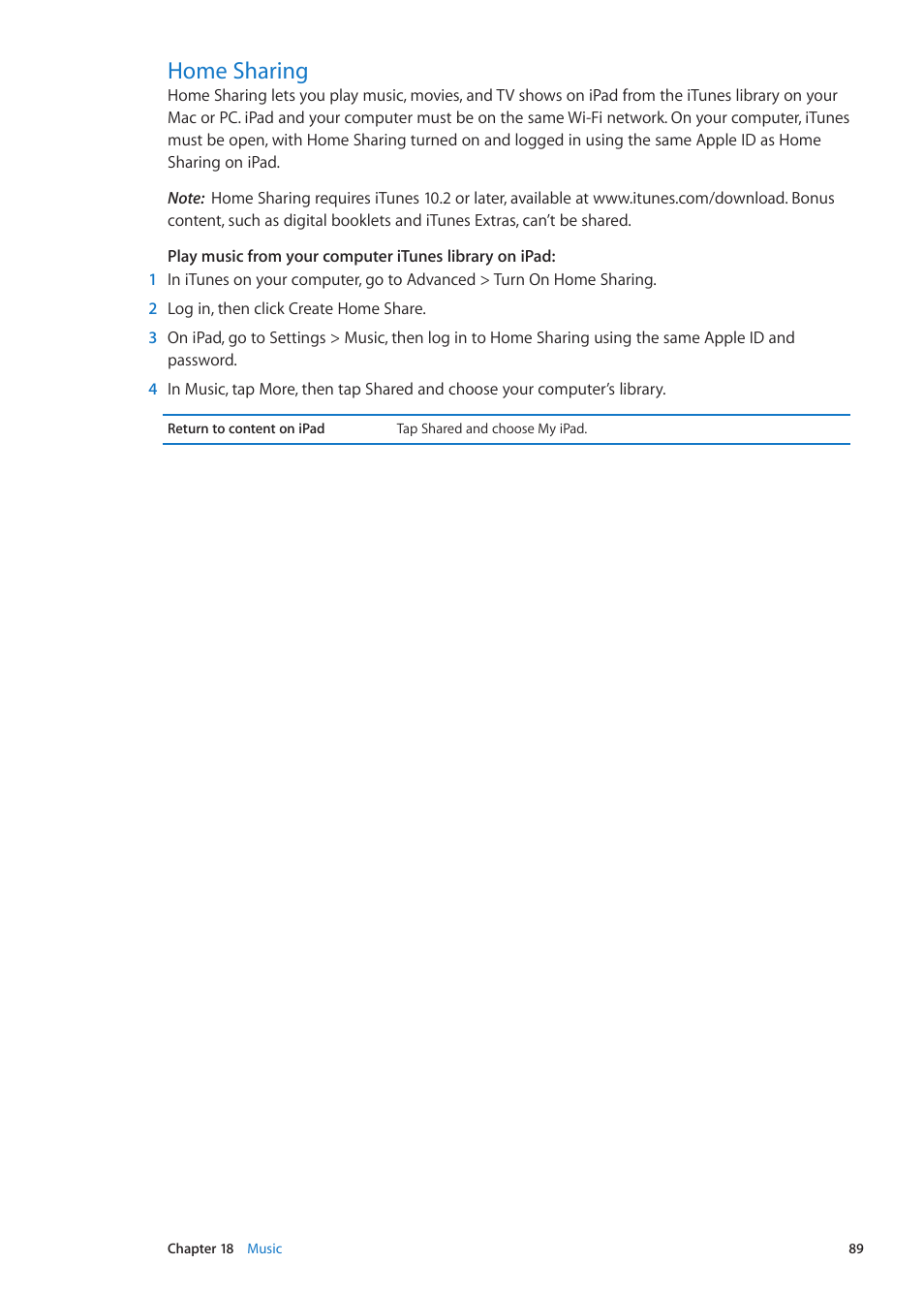 Home sharing, 89 home sharing | Apple iPad iOS 5.1 User Manual | Page 89 / 144