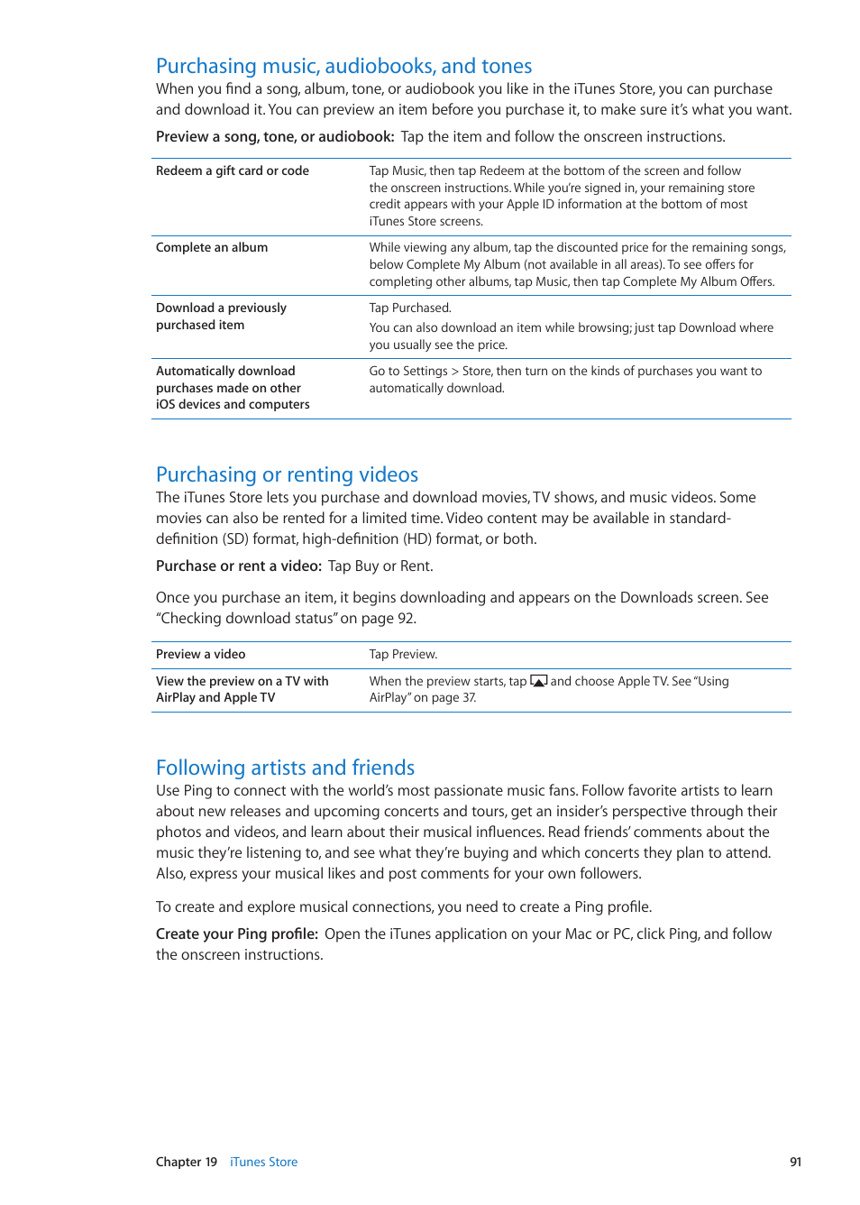 Purchasing music, audiobooks, and tones, Purchasing or renting videos, Following artists and friends | Apple iPad iOS 5.1 User Manual | Page 91 / 144