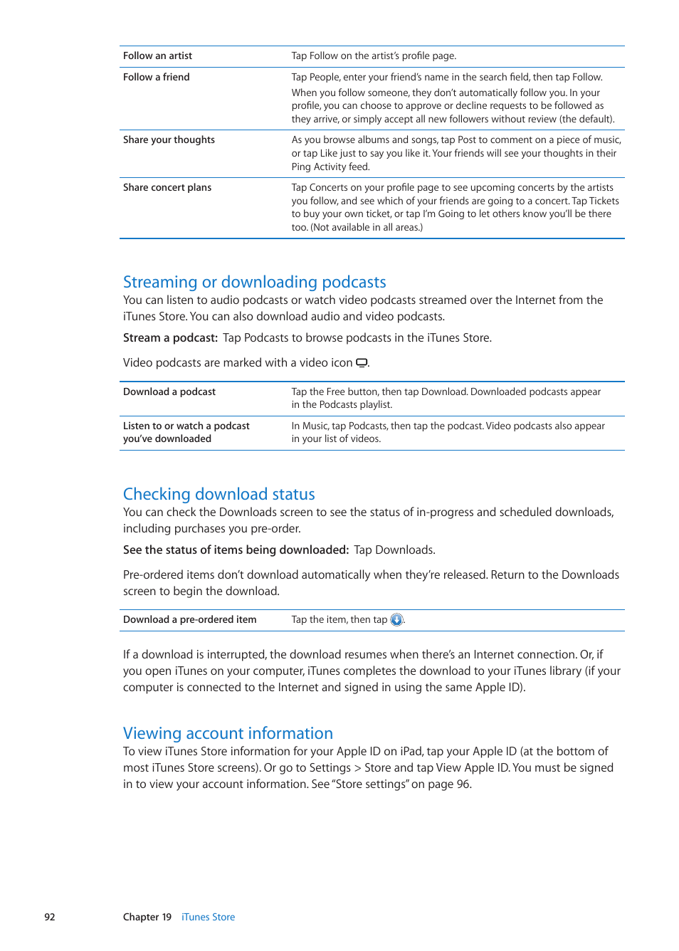 Streaming or downloading podcasts, Checking download status, Viewing account information | Apple iPad iOS 5.1 User Manual | Page 92 / 144