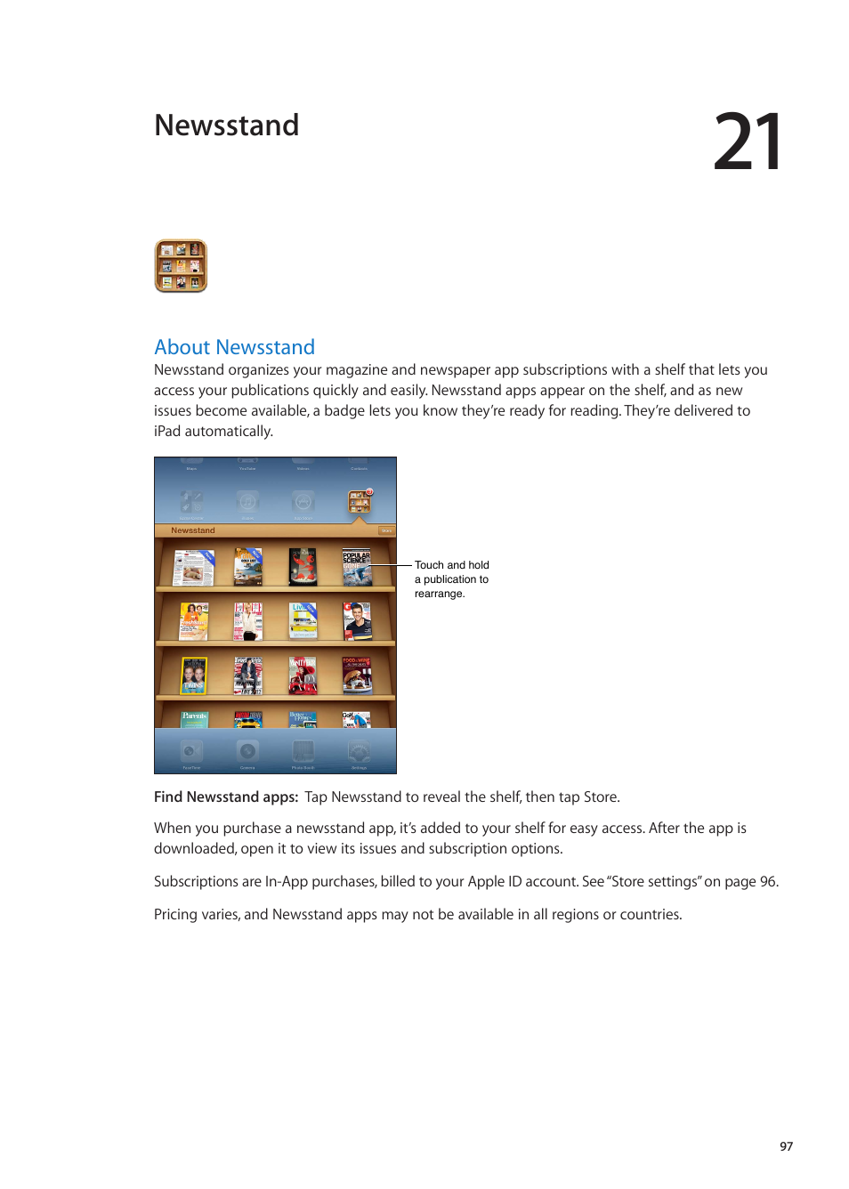 Chapter 21: newsstand, About newsstand, 97 about newsstand | Newsstand | Apple iPad iOS 5.1 User Manual | Page 97 / 144