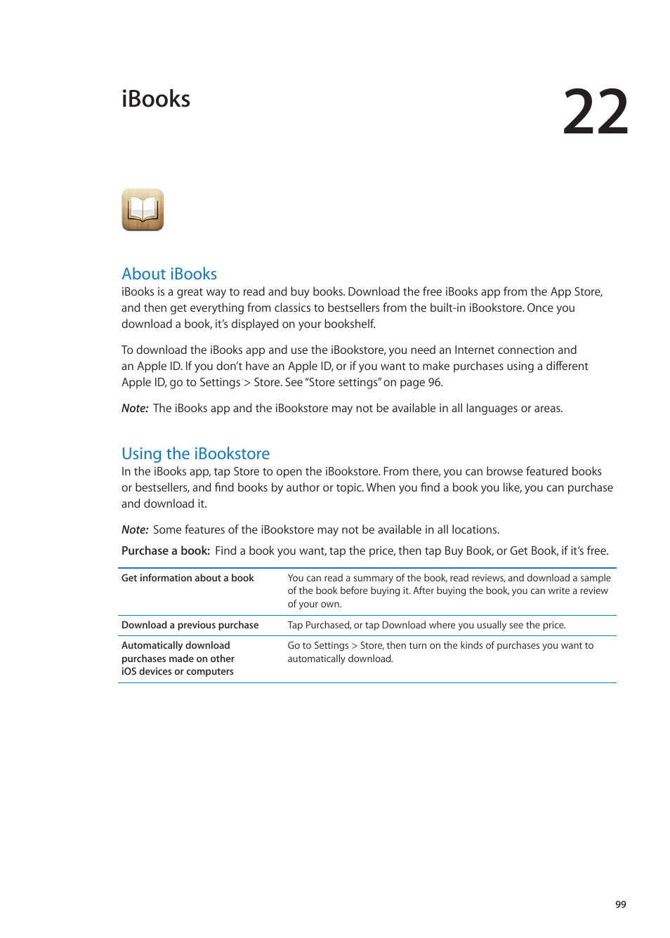 Chapter 22: ibooks, About ibooks, Using the ibookstore | 99 about ibooks 99 using the ibookstore, Ibooks | Apple iPad iOS 5.1 User Manual | Page 99 / 144