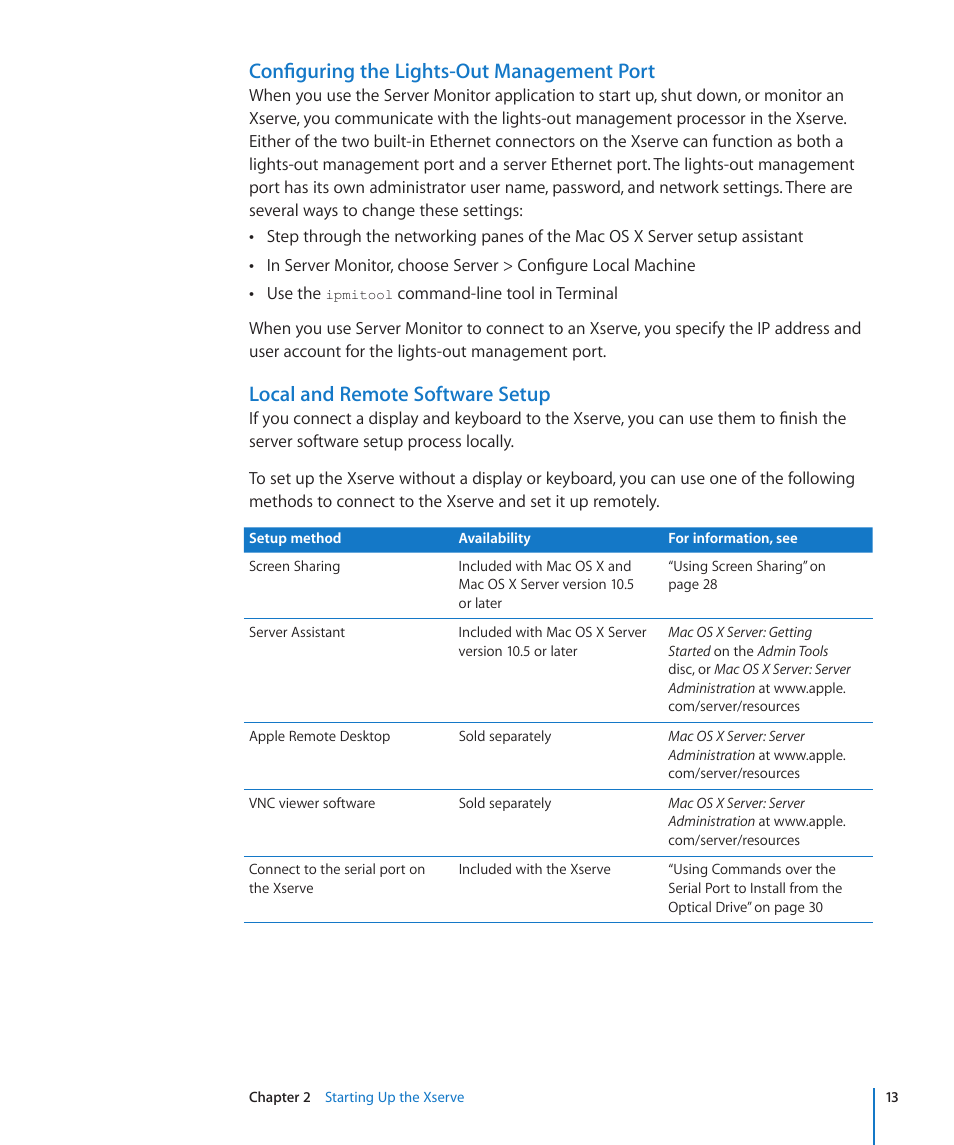 Configuring the lights-out management port, Local and remote software setup | Apple Xserve (Early 2009) User Manual | Page 13 / 36