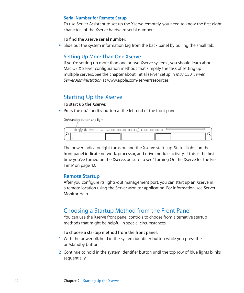 Serial number for remote setup, Setting up more than one xserve, Starting up the xserve | Remote startup, Choosing a startup method from the front panel | Apple Xserve (Early 2009) User Manual | Page 14 / 36
