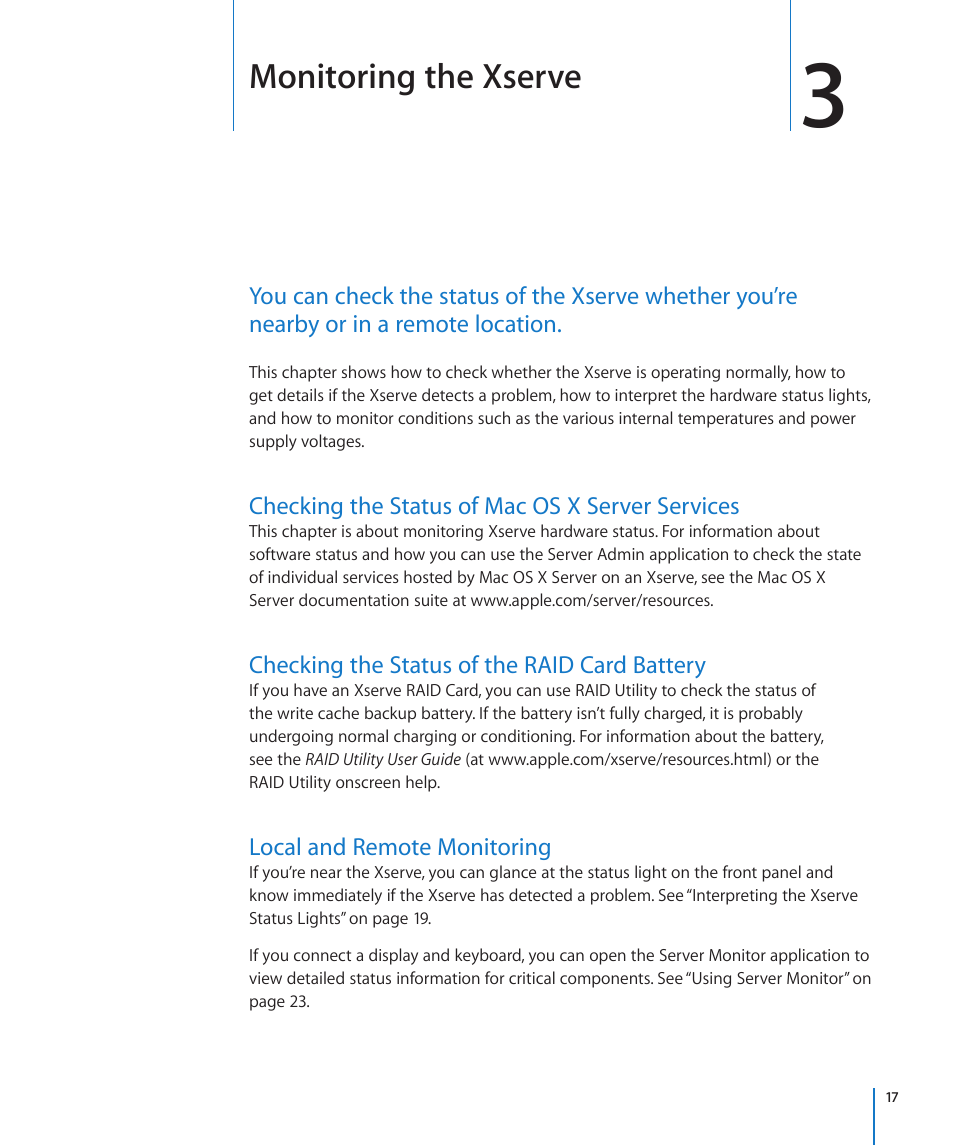 Chapter 3: monitoring the xserve, Checking the status of mac os x server services, Checking the status of the raid card battery | Local and remote monitoring, Chapter 3: monitoring the xserve, Monitoring the xserve | Apple Xserve (Early 2009) User Manual | Page 17 / 36