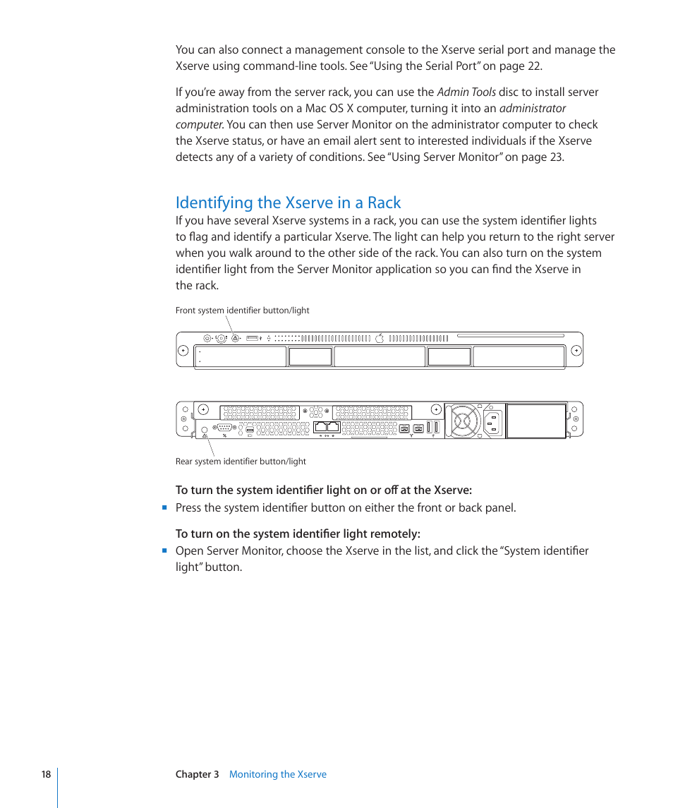 Identifying the xserve in a rack | Apple Xserve (Early 2009) User Manual | Page 18 / 36