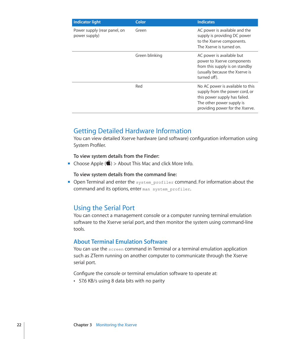 Getting detailed hardware information, Using the serial port, About terminal emulation software | Apple Xserve (Early 2009) User Manual | Page 22 / 36