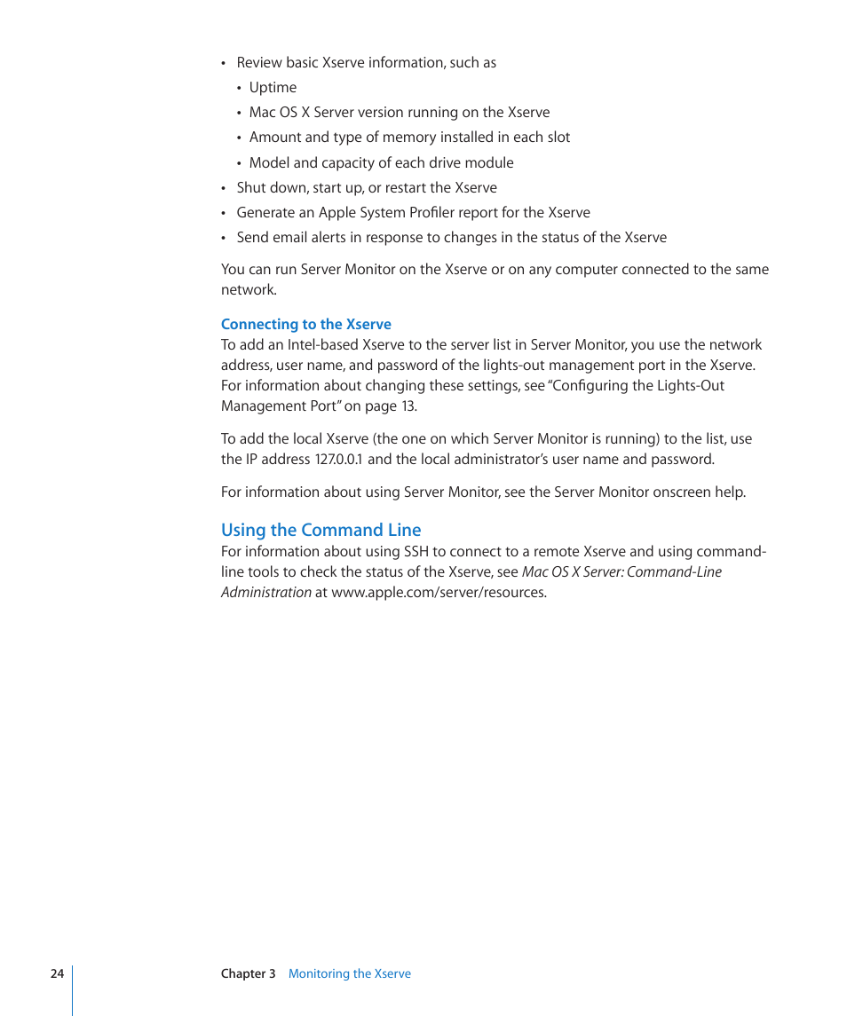 Connecting to the xserve, Using the command line | Apple Xserve (Early 2009) User Manual | Page 24 / 36