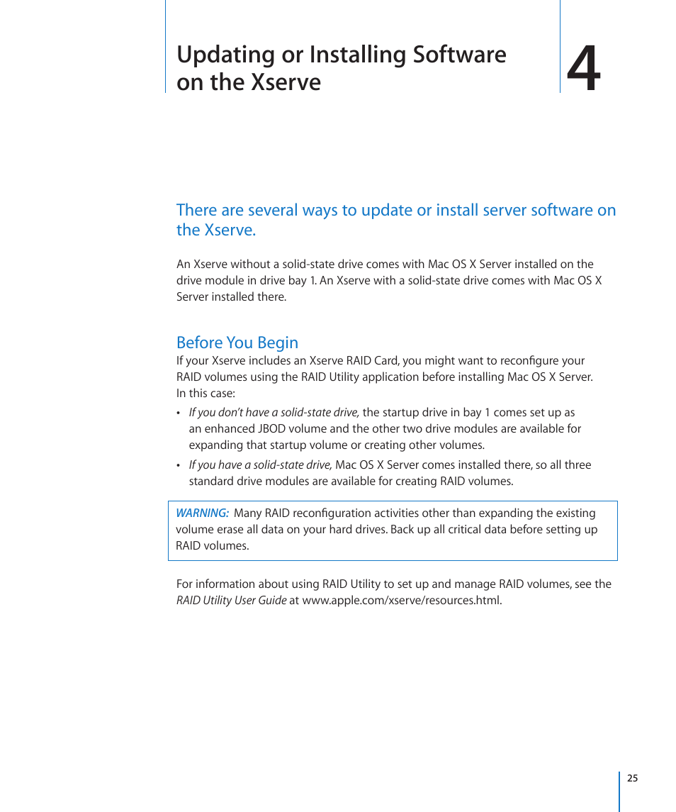 Before you begin, 25 before you begin, Updating or installing software on the xserve | Apple Xserve (Early 2009) User Manual | Page 25 / 36