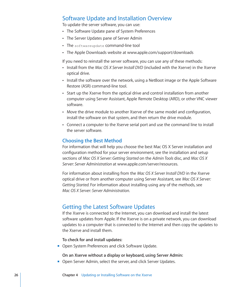 Software update and installation overview, Choosing the best method, Getting the latest software updates | 26 software update and installation overview 26, 26 getting the latest software updates | Apple Xserve (Early 2009) User Manual | Page 26 / 36