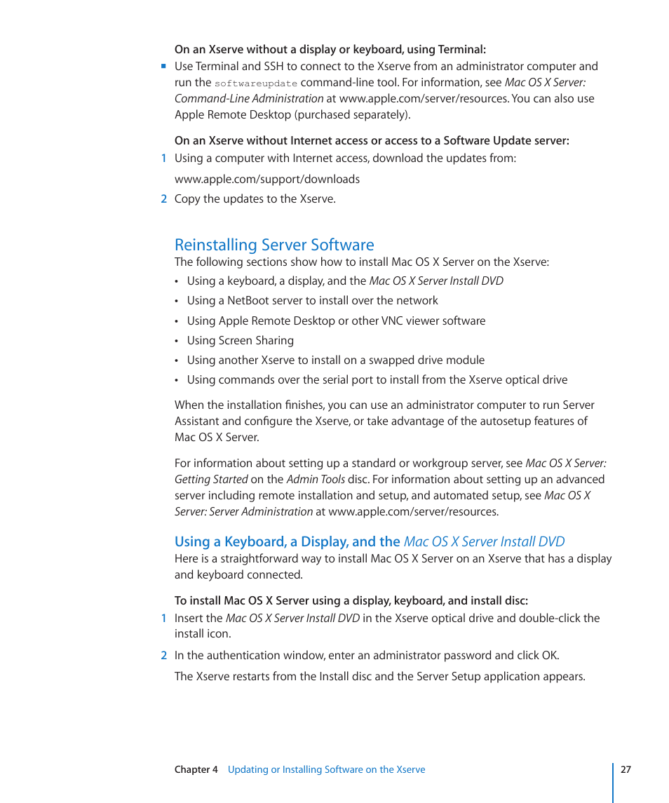 Reinstalling server software, 27 reinstalling server software 27 | Apple Xserve (Early 2009) User Manual | Page 27 / 36
