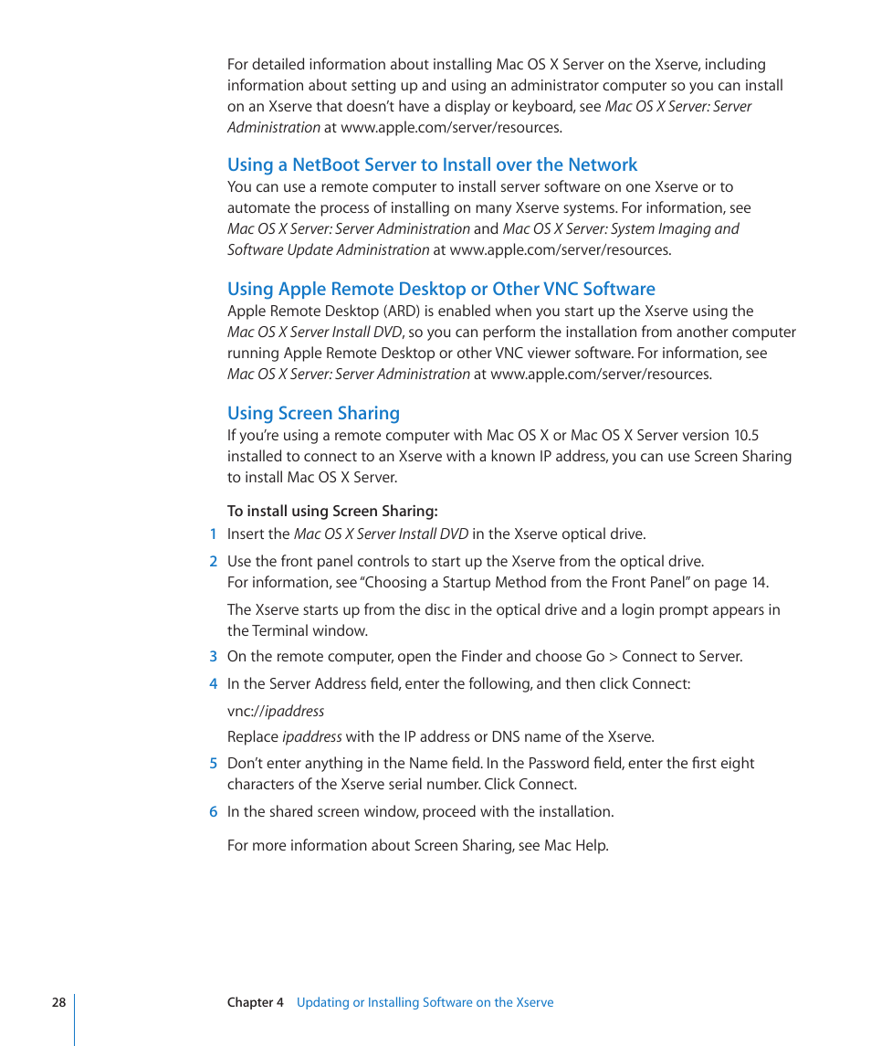 Using a netboot server to install over the network, Using apple remote desktop or other vnc software, Using screen sharing | Apple Xserve (Early 2009) User Manual | Page 28 / 36