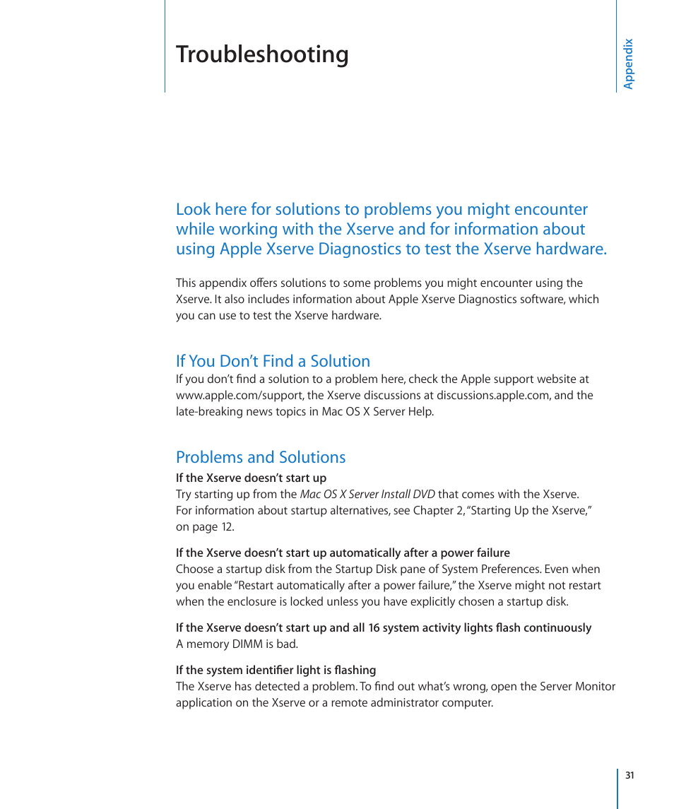 Appendix: troubleshooting, If you don’t find a solution, Problems and solutions | Troubleshooting | Apple Xserve (Early 2009) User Manual | Page 31 / 36