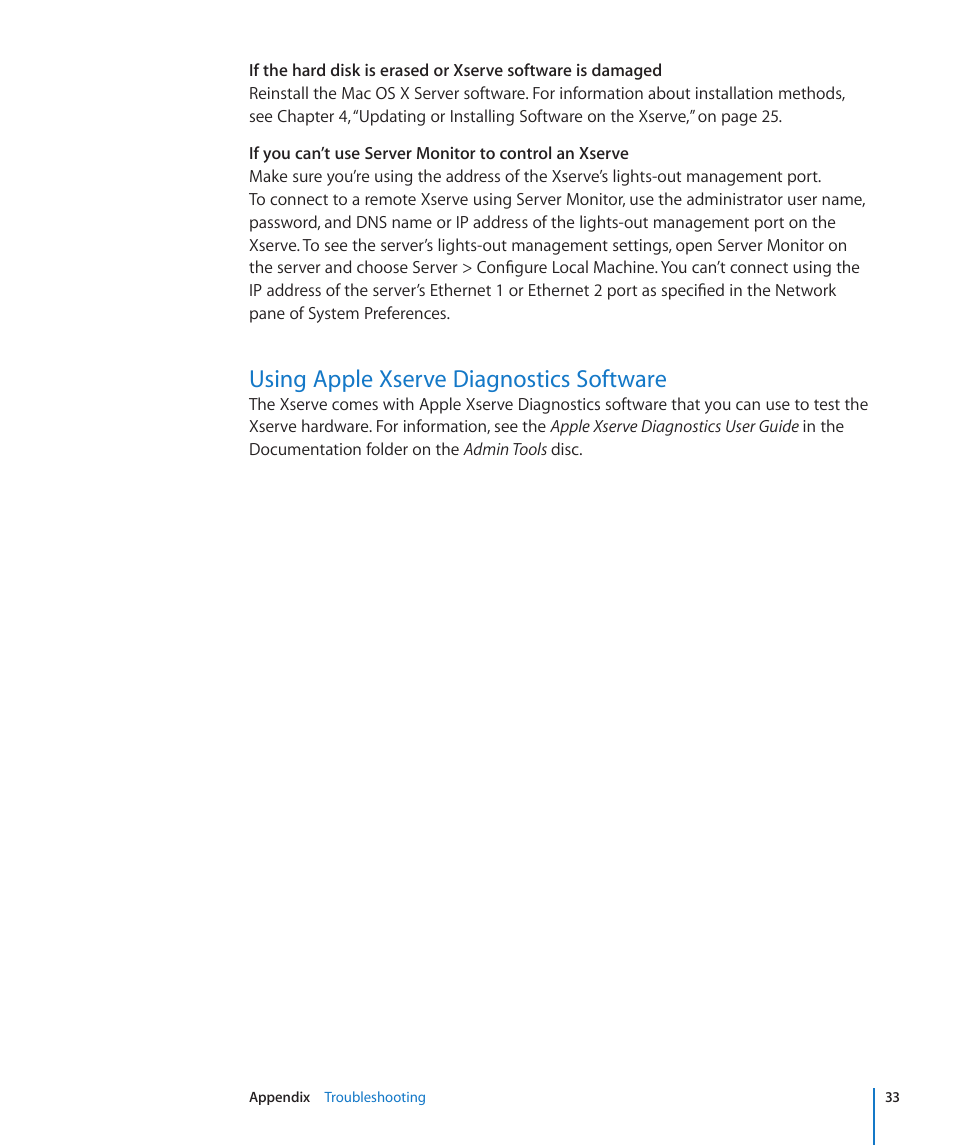 Using apple xserve diagnostics software, 33 using apple xserve diagnostics software | Apple Xserve (Early 2009) User Manual | Page 33 / 36