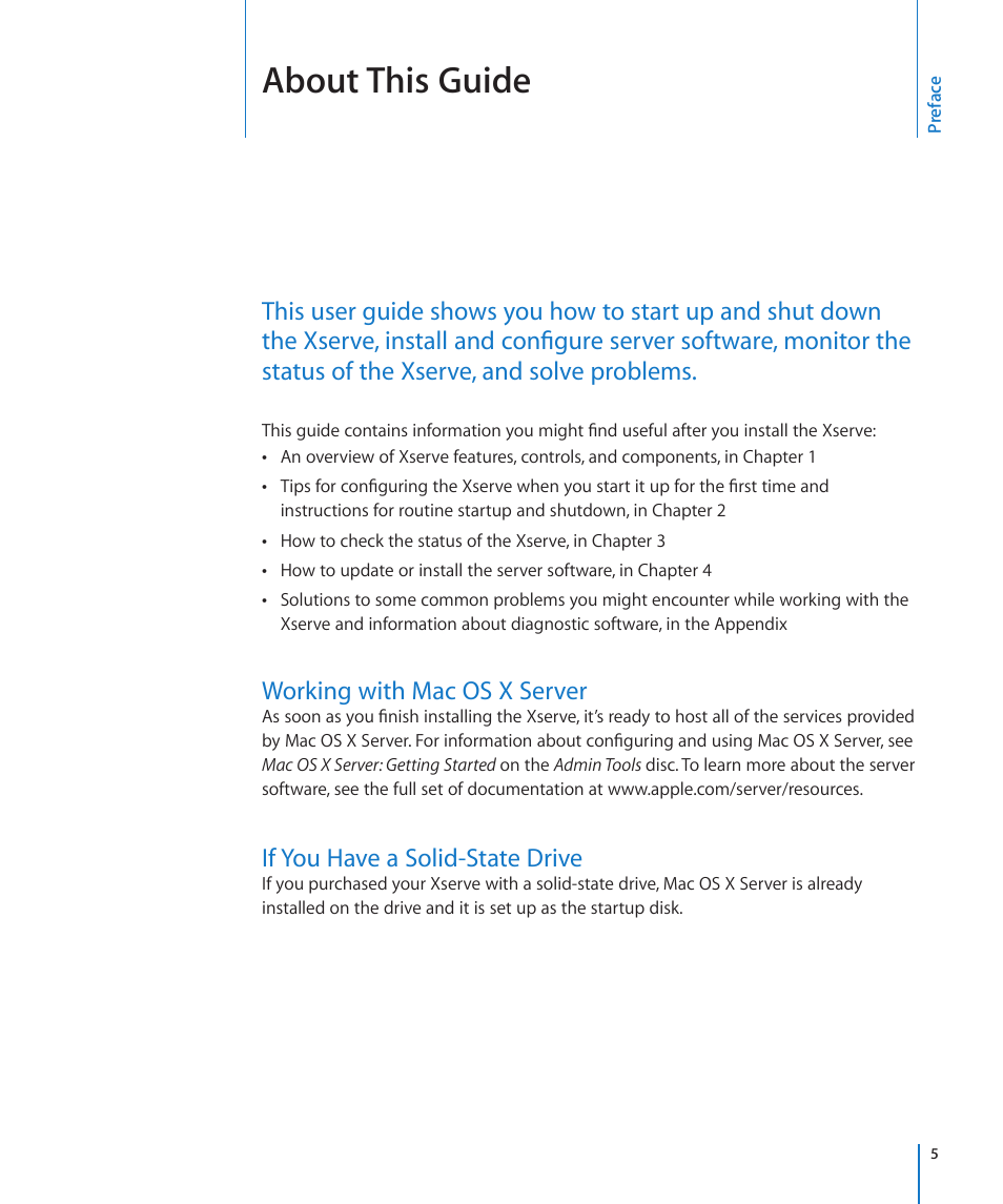 Preface: about this guide, Working with mac os x server, If you have a solid-state drive | About this guide | Apple Xserve (Early 2009) User Manual | Page 5 / 36