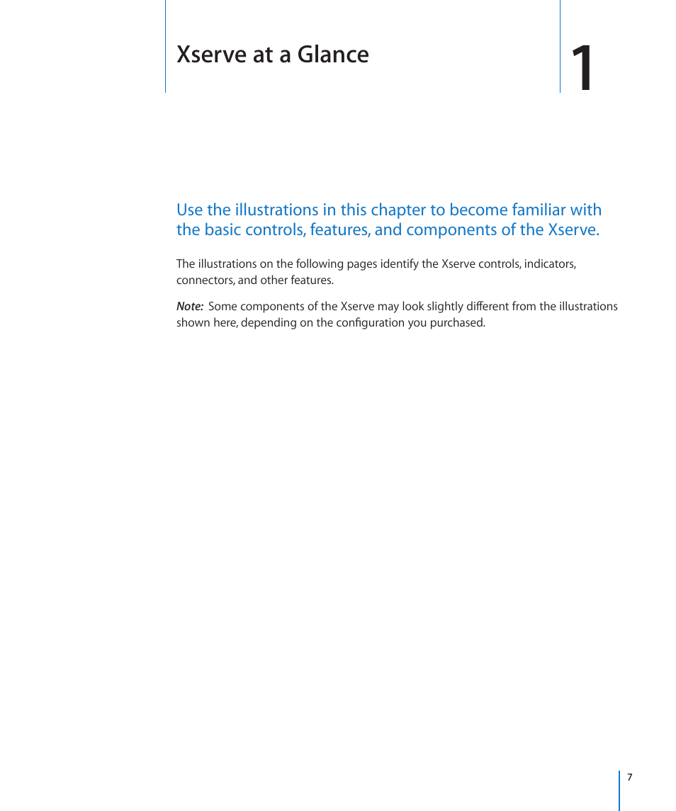 Chapter 1: xserve at a glance, Chapter 1: xserve at a glance, Xserve at a glance | Apple Xserve (Early 2009) User Manual | Page 7 / 36