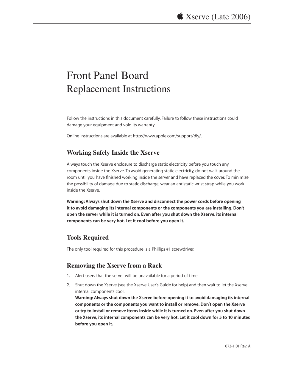 Apple Xserve Intel (Late 2006) DIY Procedure for Front Panel Board User Manual | 7 pages