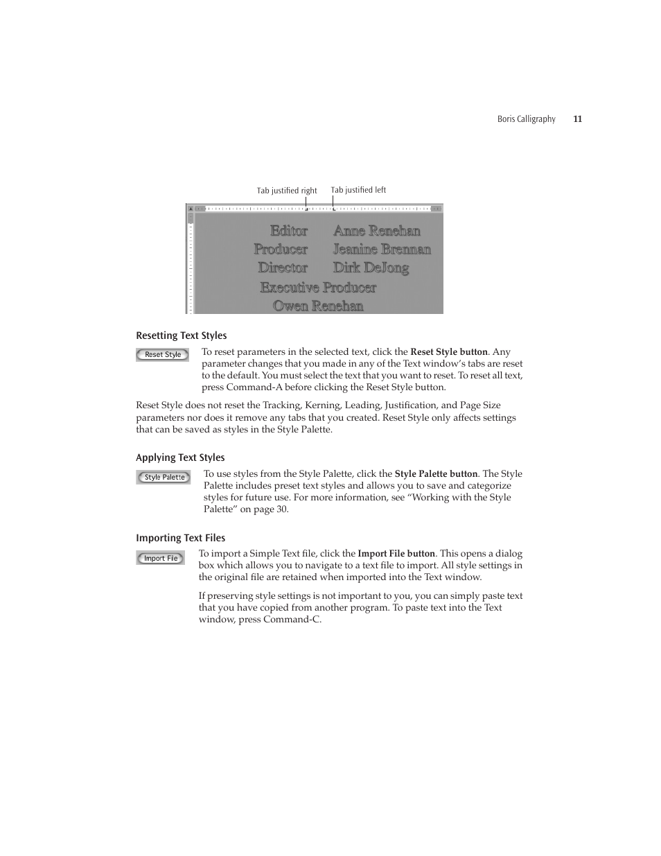 Resetting text styles, 11 applying text styles, 11 importing text files | Boris FX Boris Calligraphy Version 2.0 User Manual | Page 11 / 84