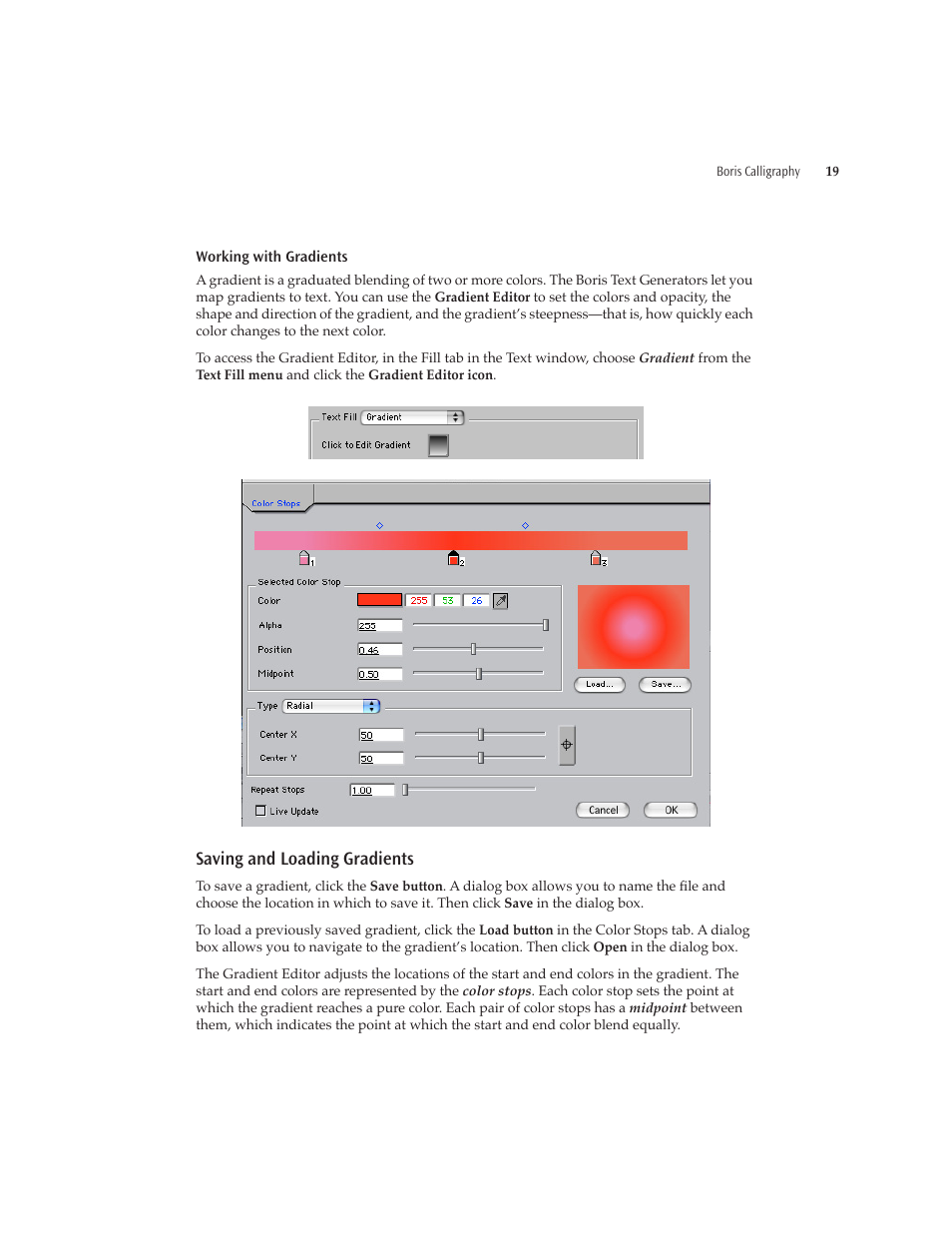 Saving and loading gradients, Working with gradients | Boris FX Boris Calligraphy Version 2.0 User Manual | Page 19 / 84