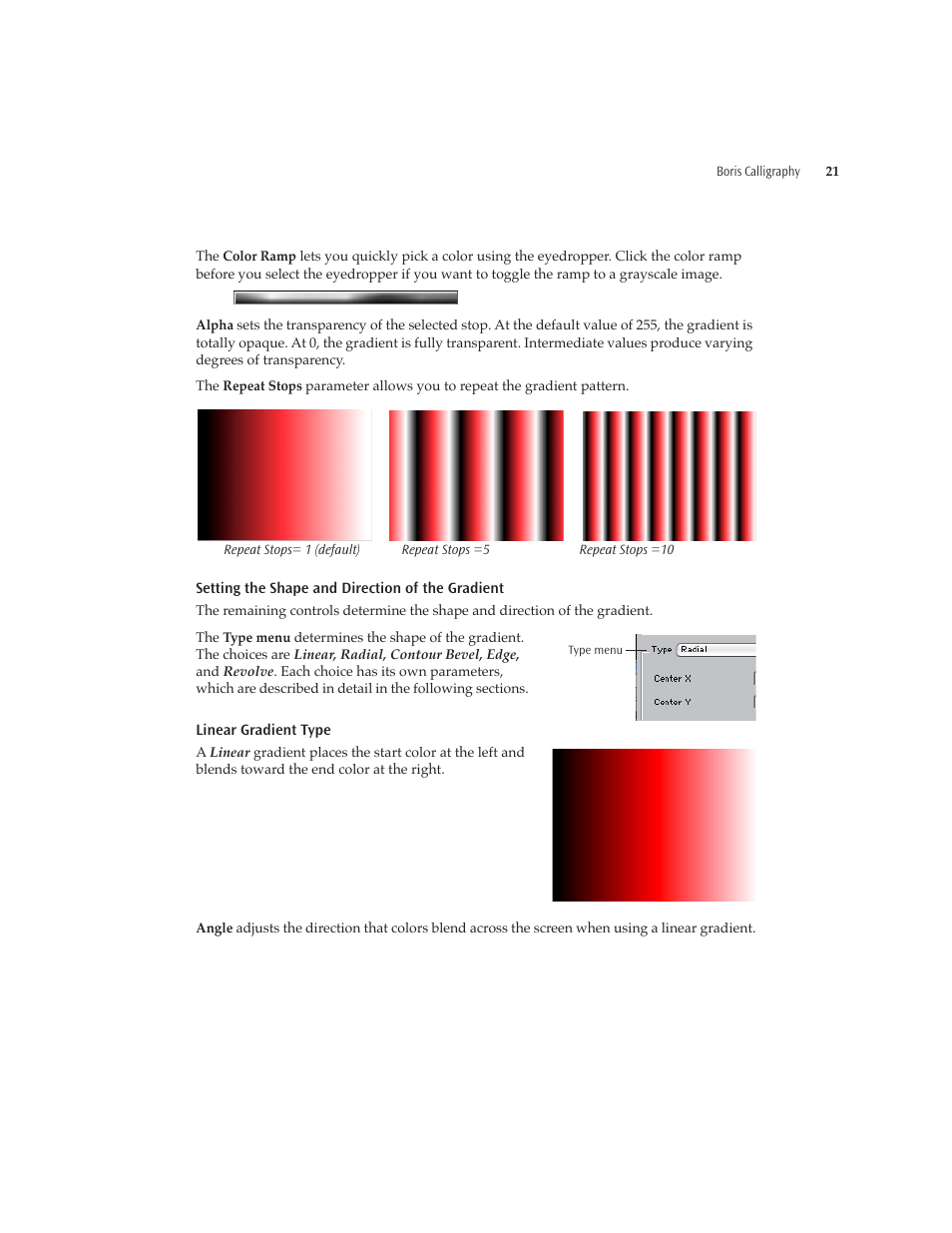 Setting the shape and direction of the gradient | Boris FX Boris Calligraphy Version 2.0 User Manual | Page 21 / 84