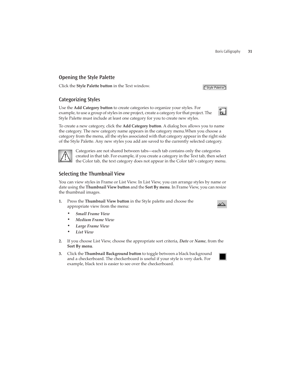 Opening the style palette, Categorizing styles, Selecting the thumbnail view | 31 selecting the thumbnail view | Boris FX Boris Calligraphy Version 2.0 User Manual | Page 31 / 84
