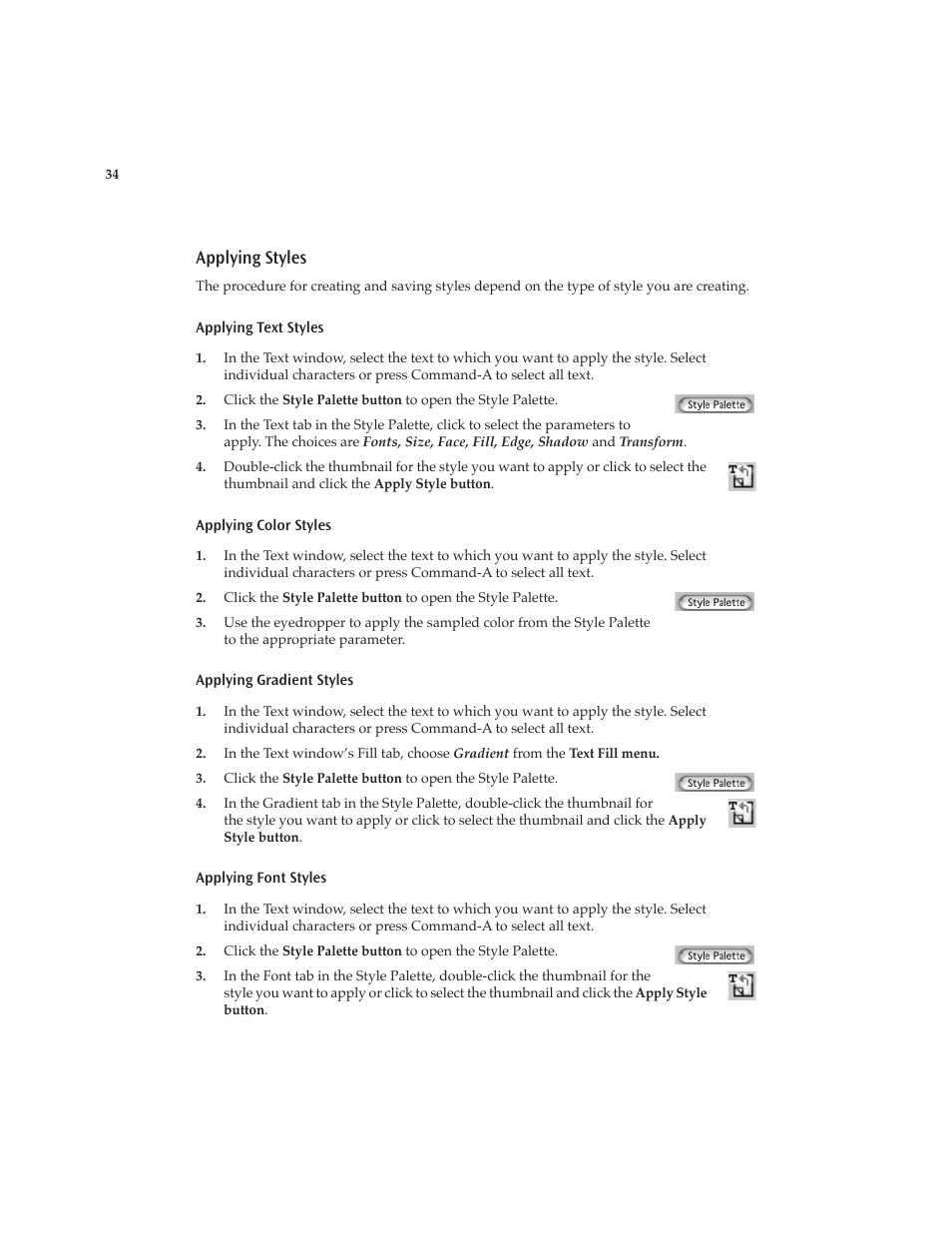 Applying styles, Applying text styles, 34 applying color styles | 34 applying gradient styles, 34 applying font styles | Boris FX Boris Calligraphy Version 2.0 User Manual | Page 34 / 84