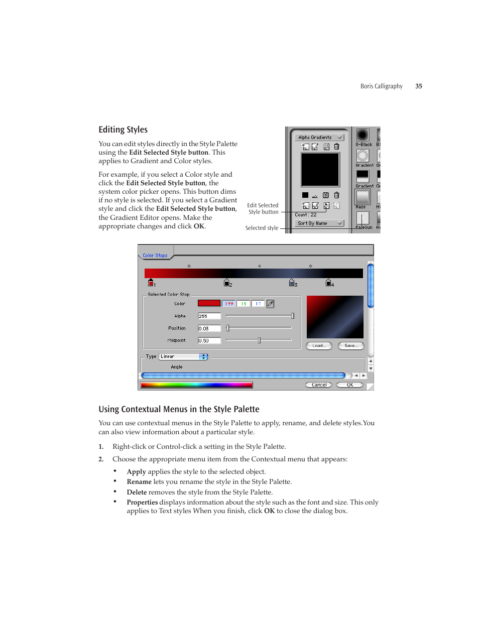 Editing styles, Using contextual menus in the style palette, 35 using contextual menus in the style palette | Boris FX Boris Calligraphy Version 2.0 User Manual | Page 35 / 84