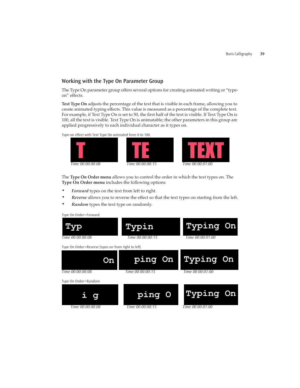 Working with the type on parameter group | Boris FX Boris Calligraphy Version 2.0 User Manual | Page 39 / 84