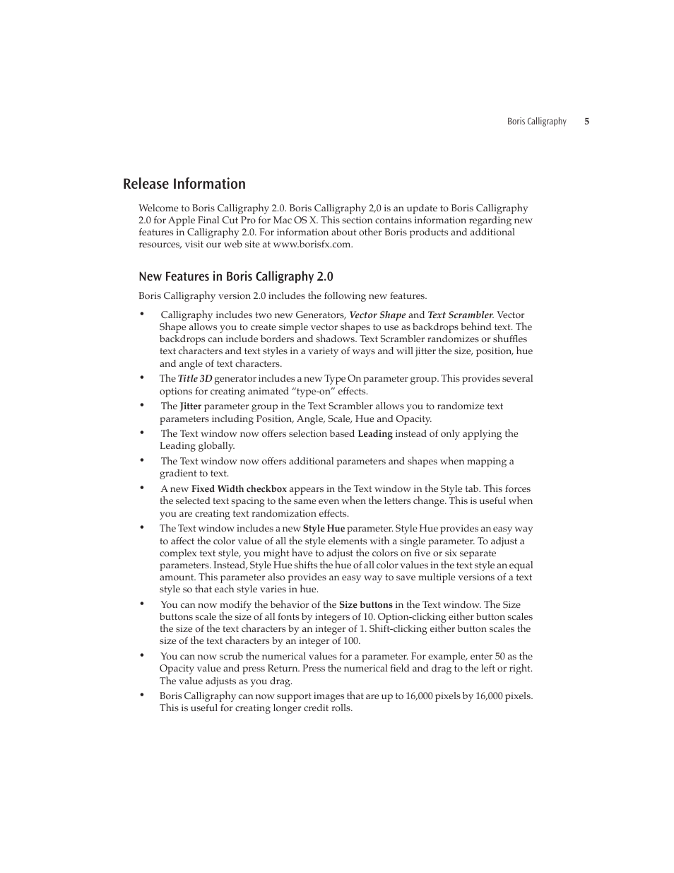 Release information, New features in boris calligraphy 2.0 | Boris FX Boris Calligraphy Version 2.0 User Manual | Page 5 / 84