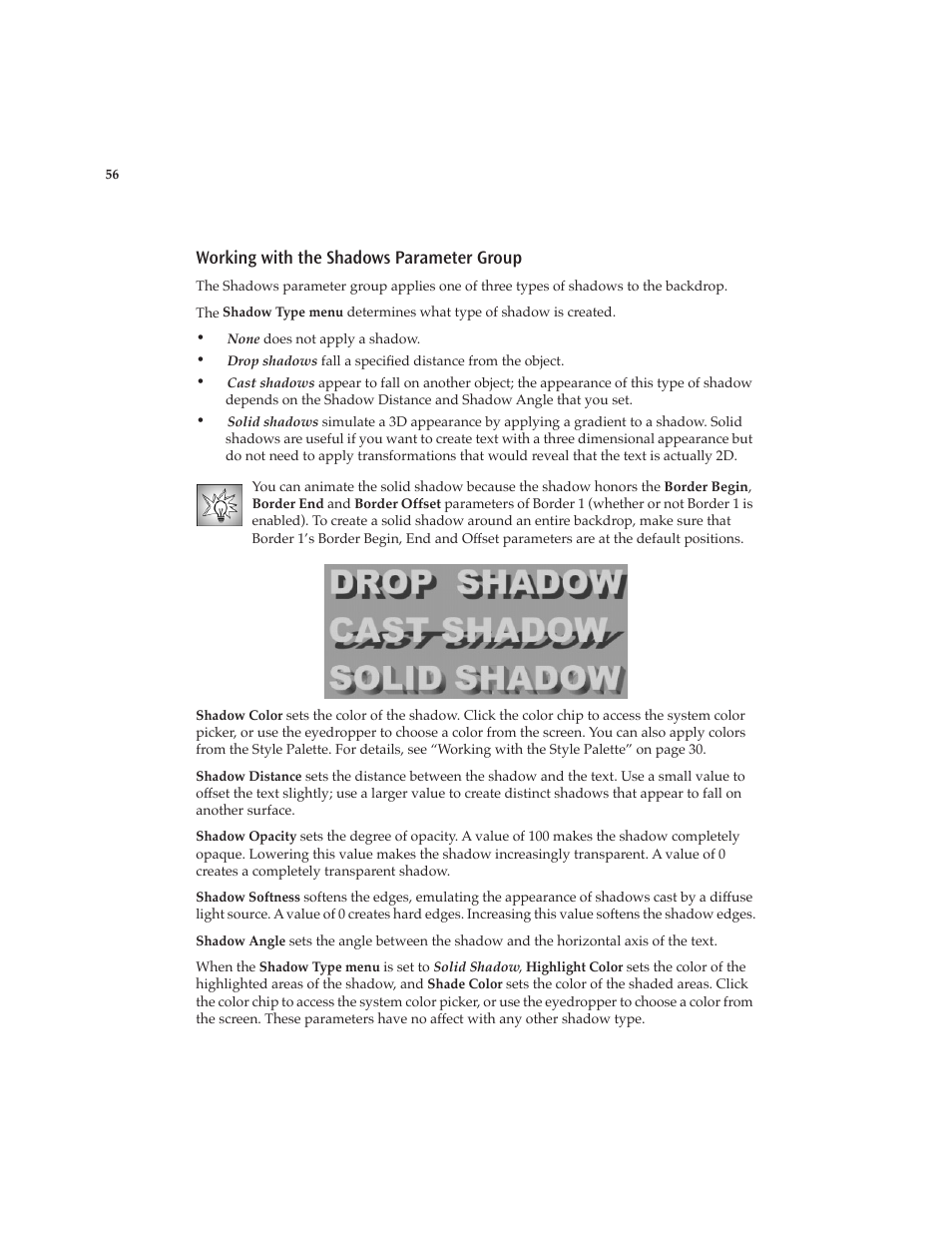 Working with the shadows parameter group | Boris FX Boris Calligraphy Version 2.0 User Manual | Page 56 / 84