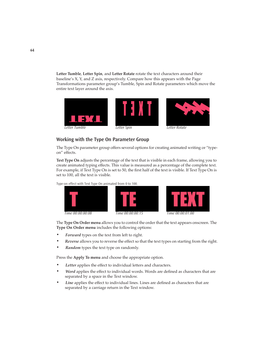 Working with the type on parameter group | Boris FX Boris Calligraphy Version 2.0 User Manual | Page 64 / 84