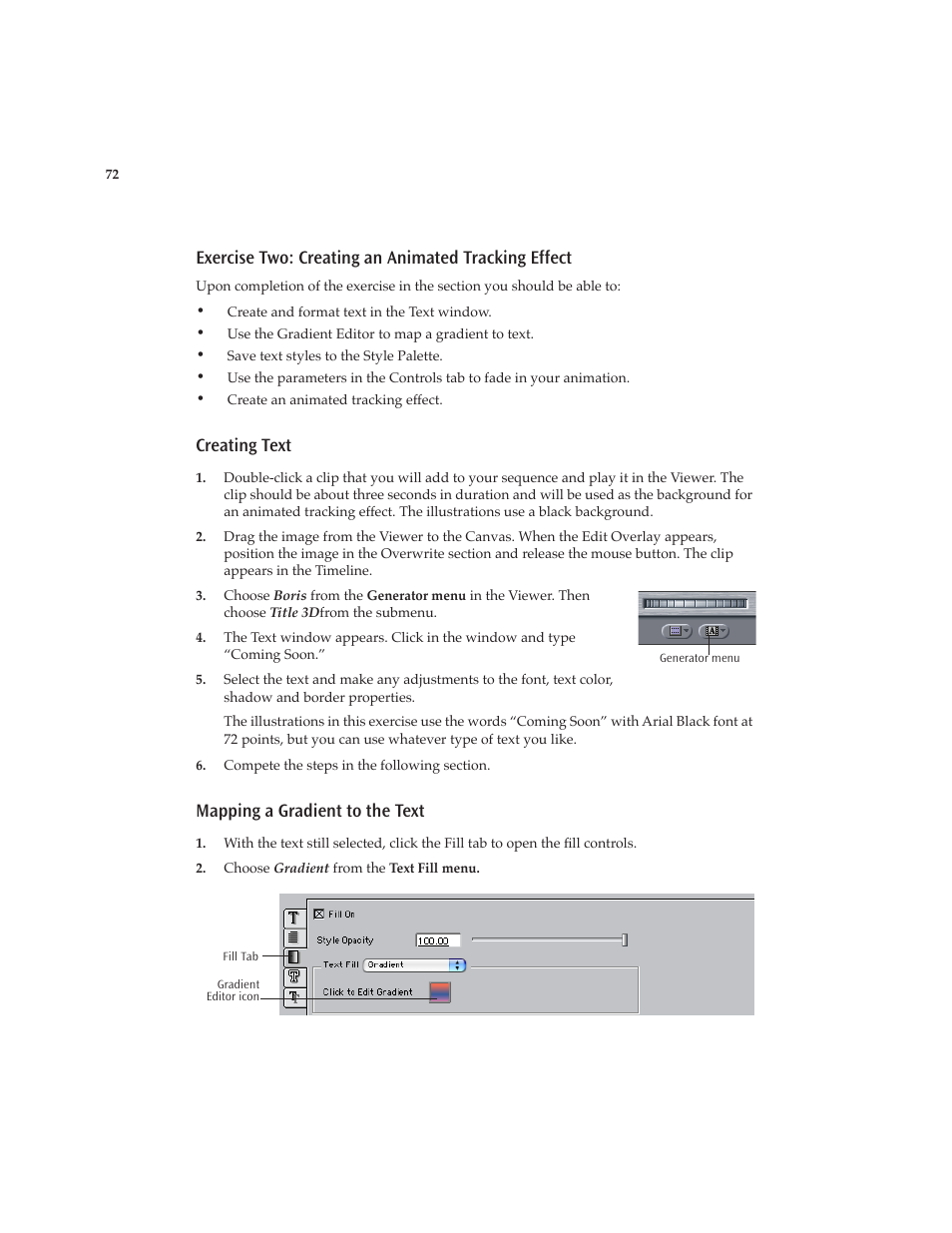 Exercise two: creating an animated tracking effect, Creating text, Mapping a gradient to the text | Creating text mapping a gradient to the text | Boris FX Boris Calligraphy Version 2.0 User Manual | Page 72 / 84
