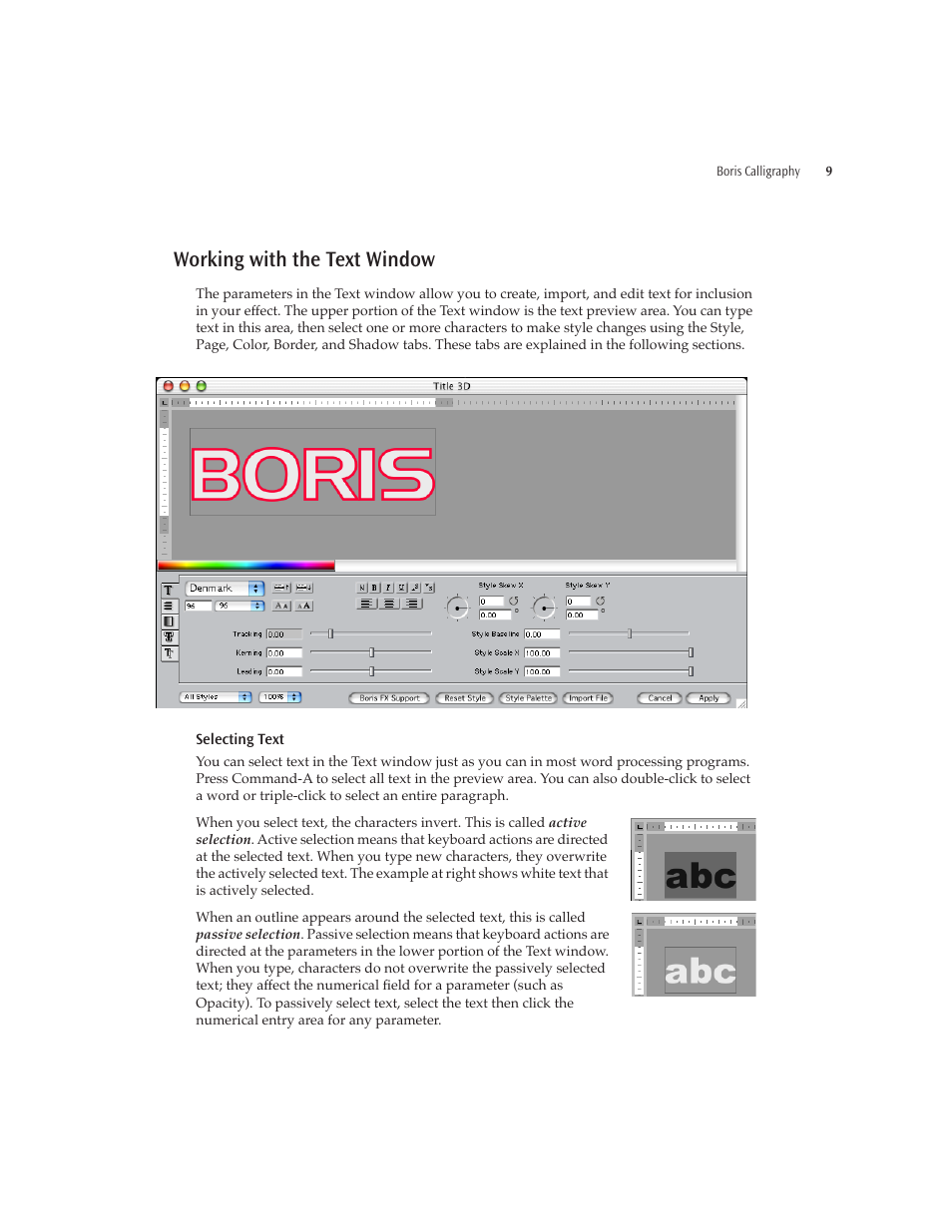 Working with the text window | Boris FX Boris Calligraphy Version 2.0 User Manual | Page 9 / 84