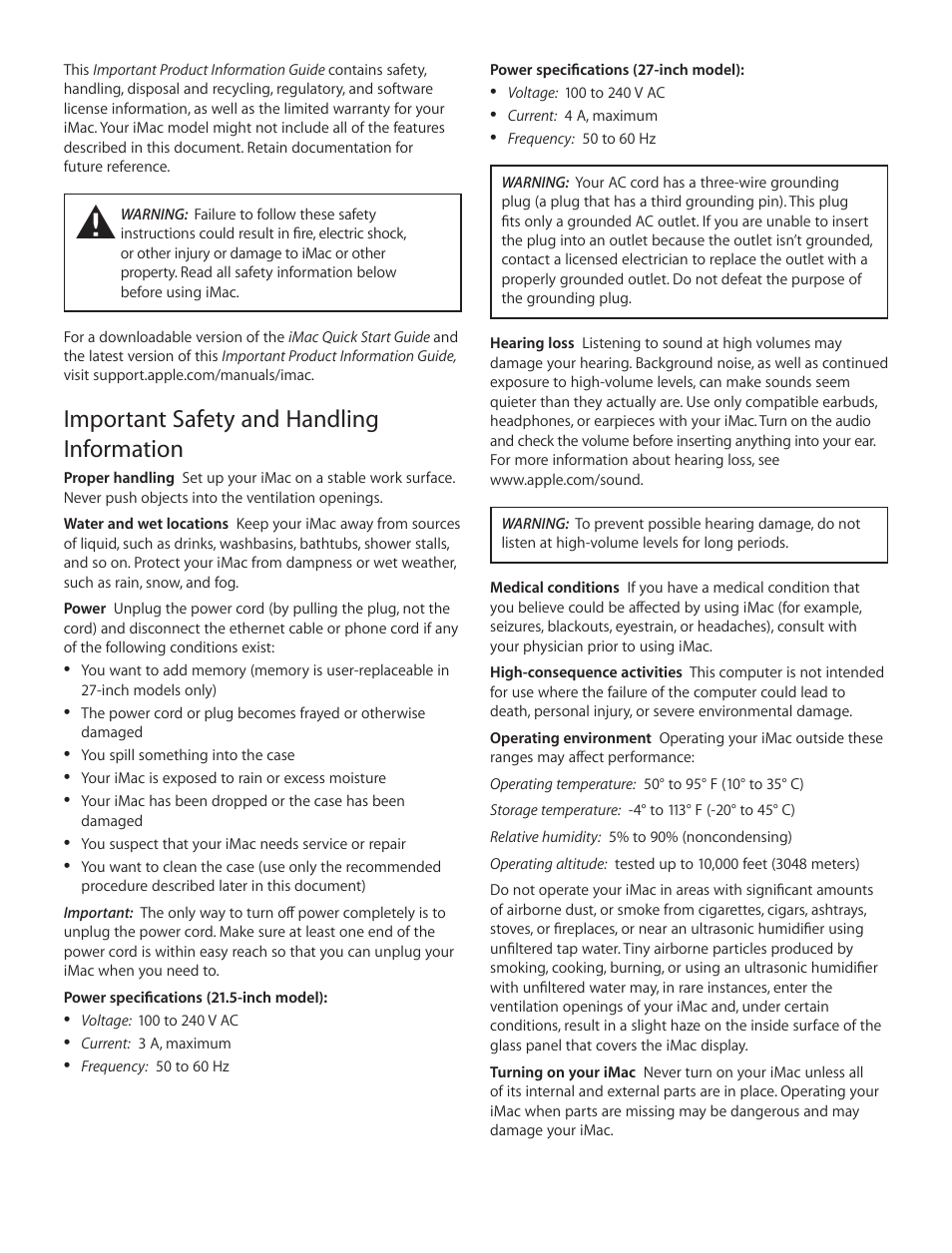 Important safety and handling information | Apple iMac (Late 2013, Mid 2014) User Manual | Page 2 / 12