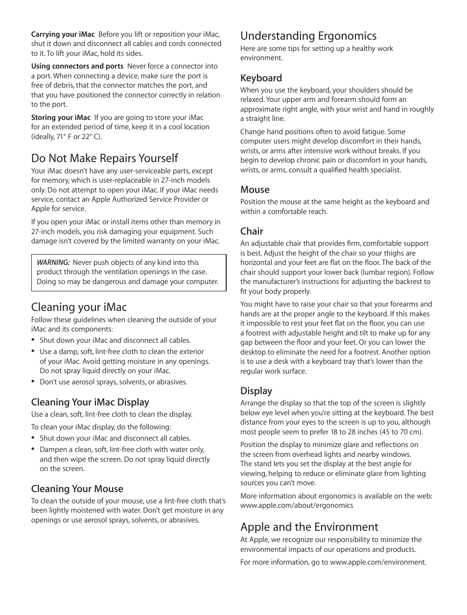 Understanding ergonomics, Apple and the environment, Do not make repairs yourself | Cleaning your imac | Apple iMac (Late 2013, Mid 2014) User Manual | Page 3 / 12