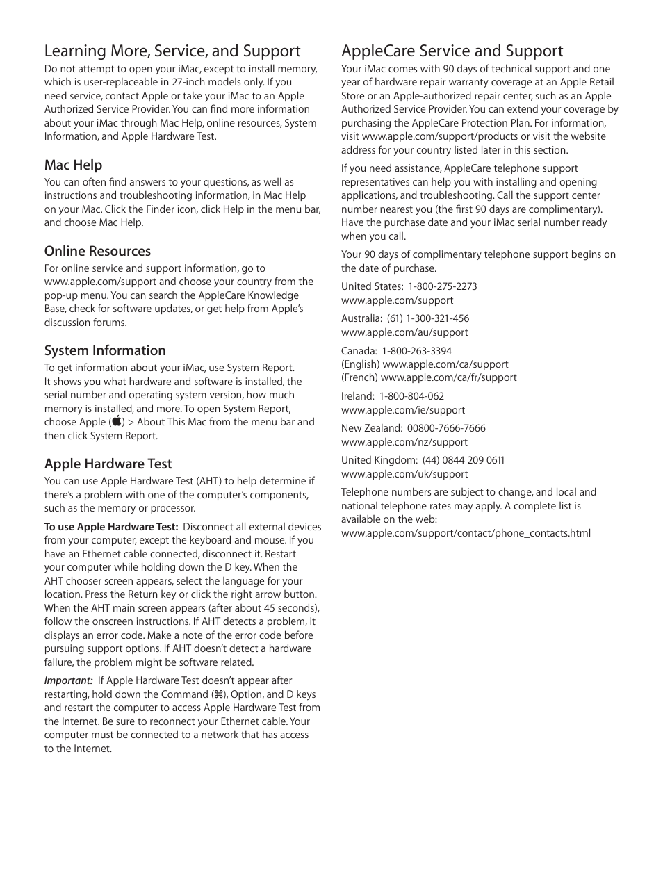 Applecare service and support, Learning more, service, and support | Apple iMac (Late 2013, Mid 2014) User Manual | Page 4 / 12