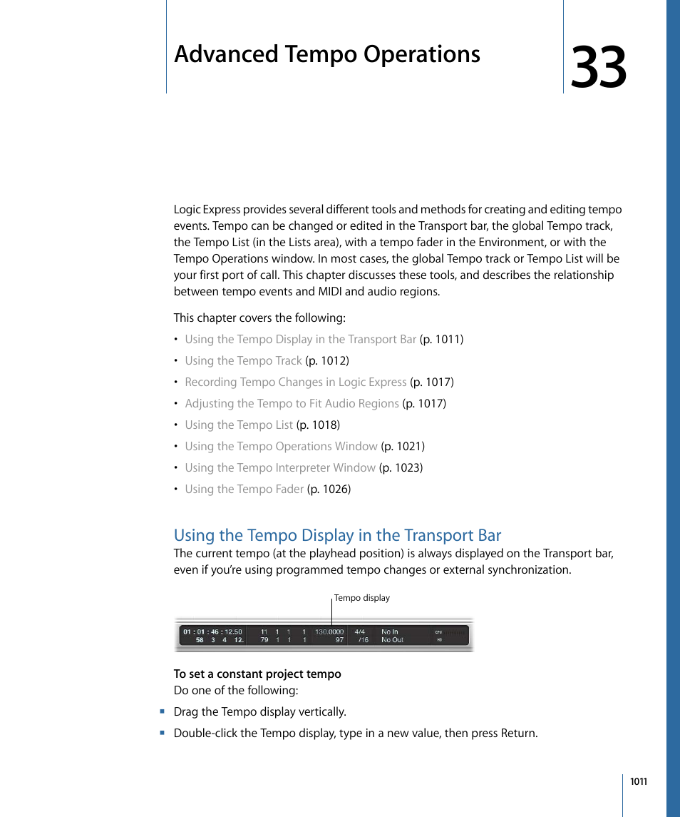 Advanced tempo operations, Using the tempo display in the transport bar | Apple Logic Express 9 User Manual | Page 1011 / 1294
