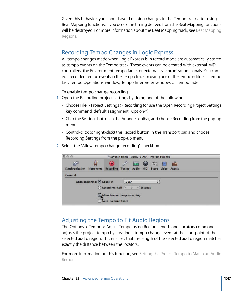 Recording tempo changes in logic express, Adjusting the tempo to fit audio regions | Apple Logic Express 9 User Manual | Page 1017 / 1294