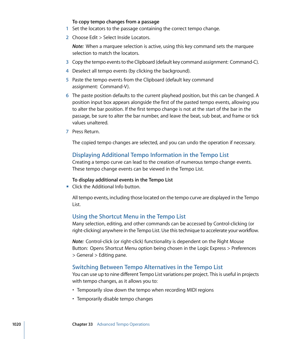 Using the shortcut menu in the tempo list | Apple Logic Express 9 User Manual | Page 1020 / 1294