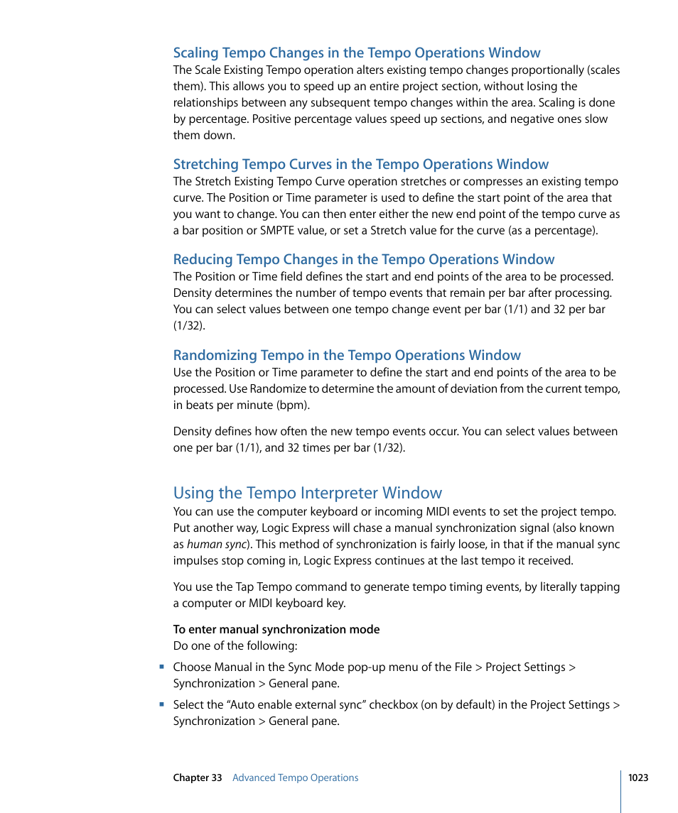 Randomizing tempo in the tempo operations window, Using the tempo interpreter window | Apple Logic Express 9 User Manual | Page 1023 / 1294